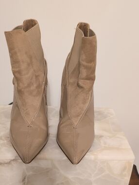 Nine West Taupe Patent & Suede Pointed Ankle Booties